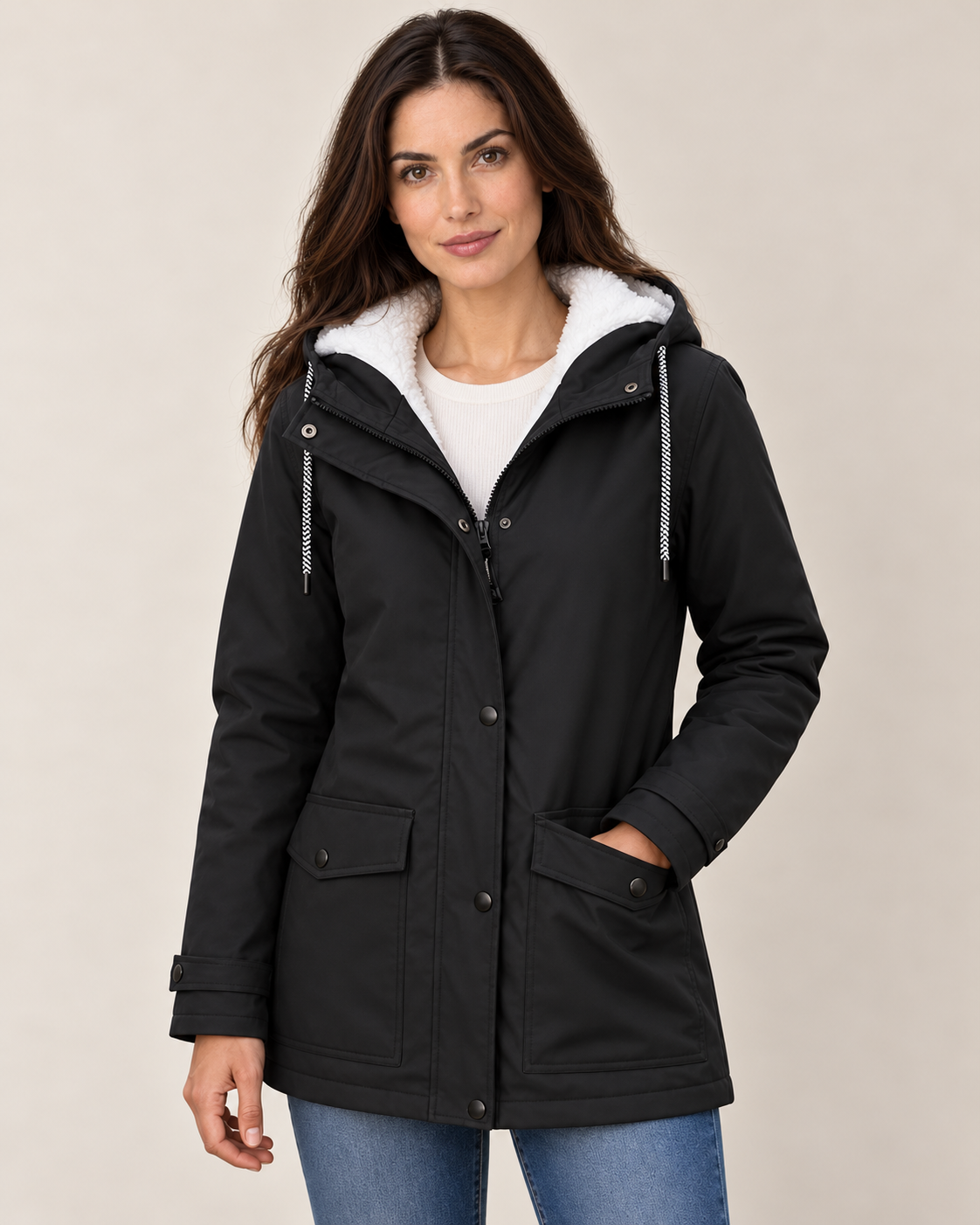 Windora fleece-lined hooded jacket — Black supporting source-specific view — Avery & Mercer