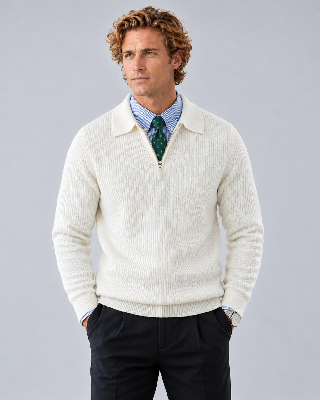 White waffle-knit quarter-zip jumper, front on retained approved model