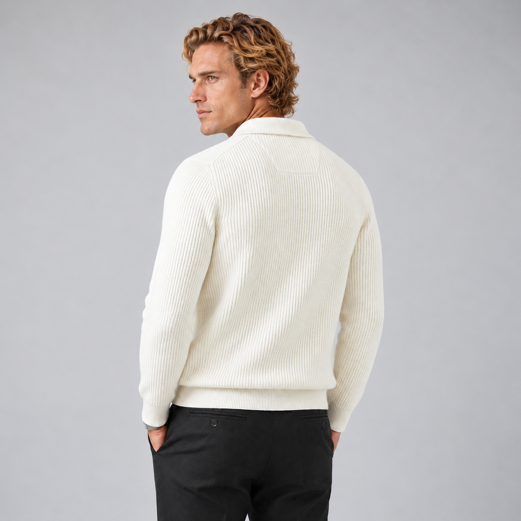 White waffle-knit quarter-zip jumper, rear angle on retained approved model