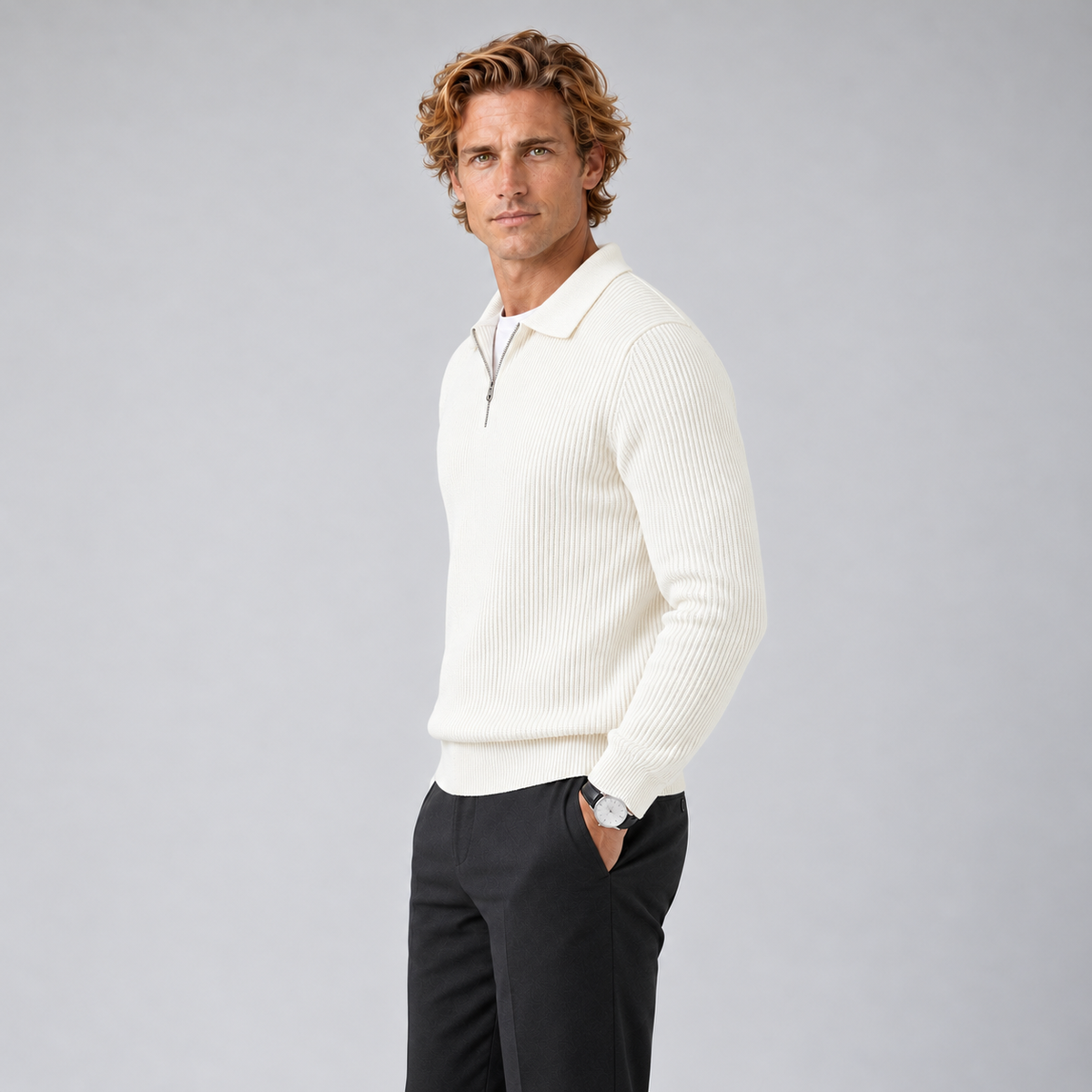 White waffle-knit quarter-zip jumper, side on retained approved model
