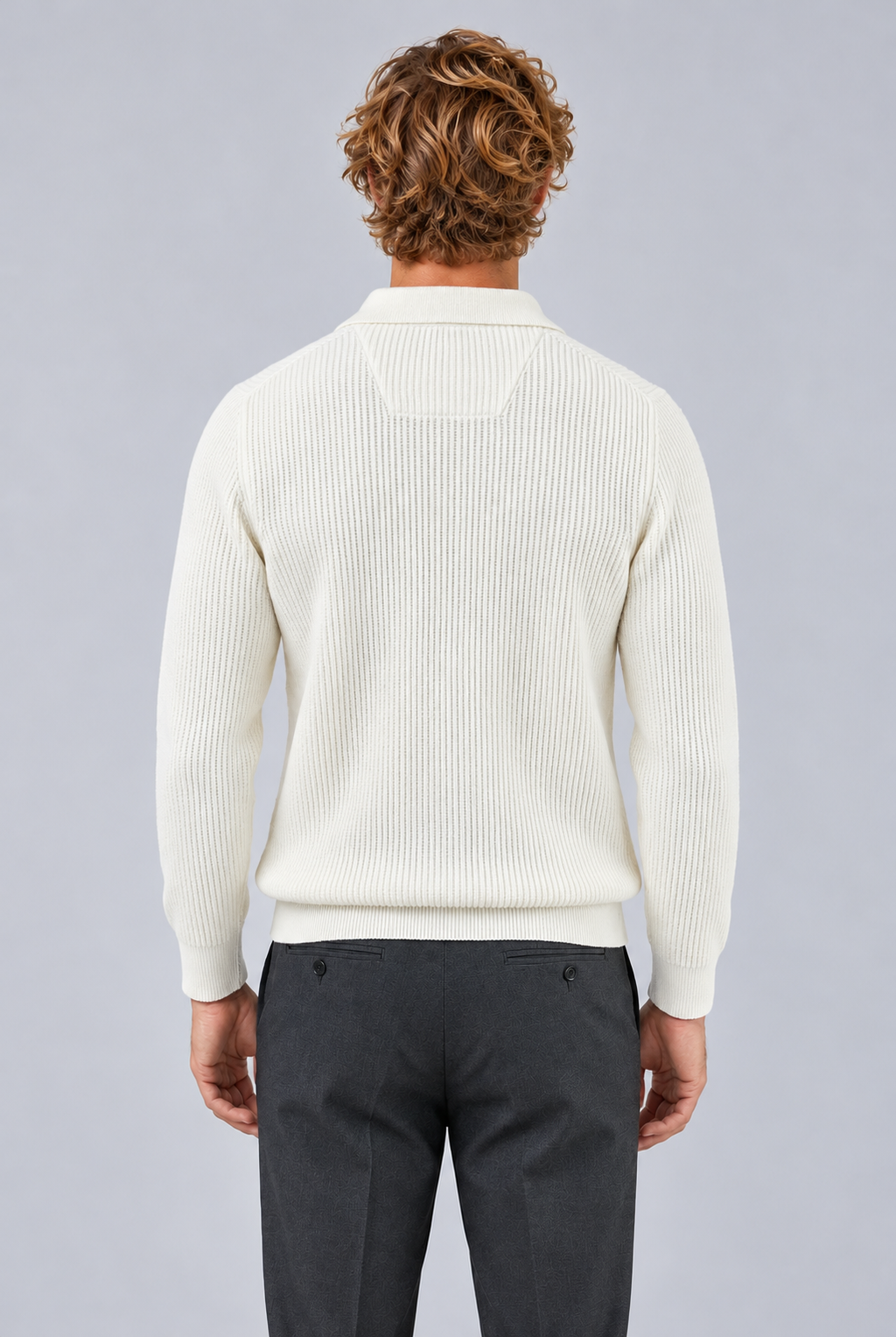 White waffle-knit quarter-zip jumper, straight rear on retained approved model
