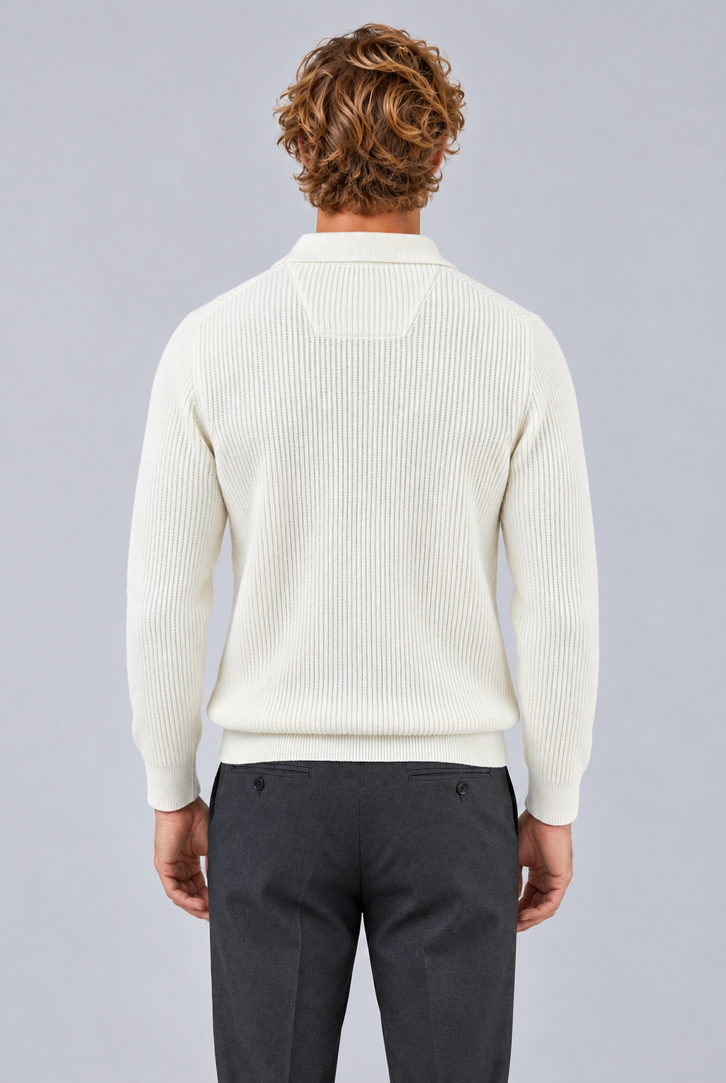 White waffle-knit quarter-zip jumper, straight rear on retained approved model