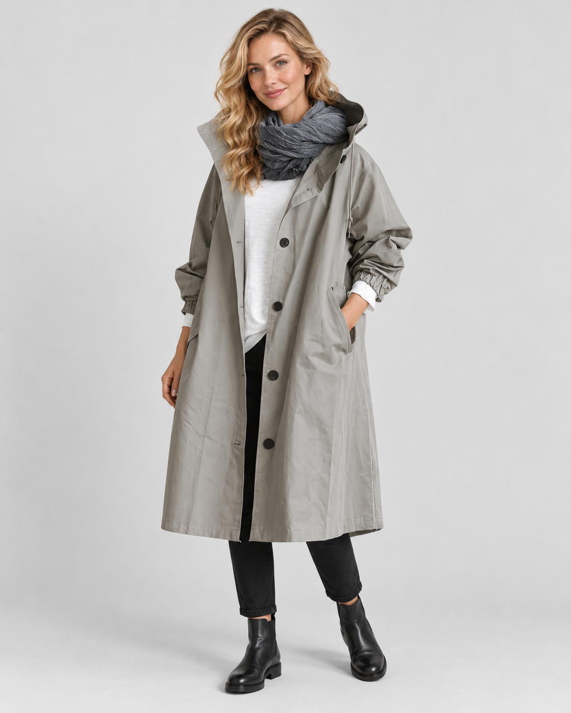 Avery & Mercer own model wearing gray front water-repellent hooded trench coat