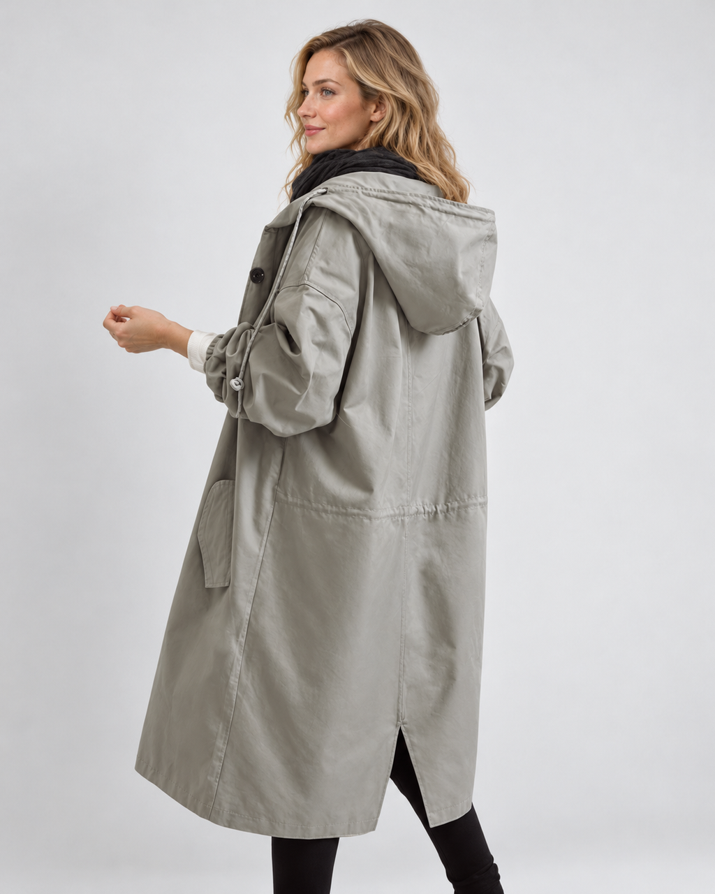 Avery & Mercer own model wearing gray rear left water-repellent hooded trench coat