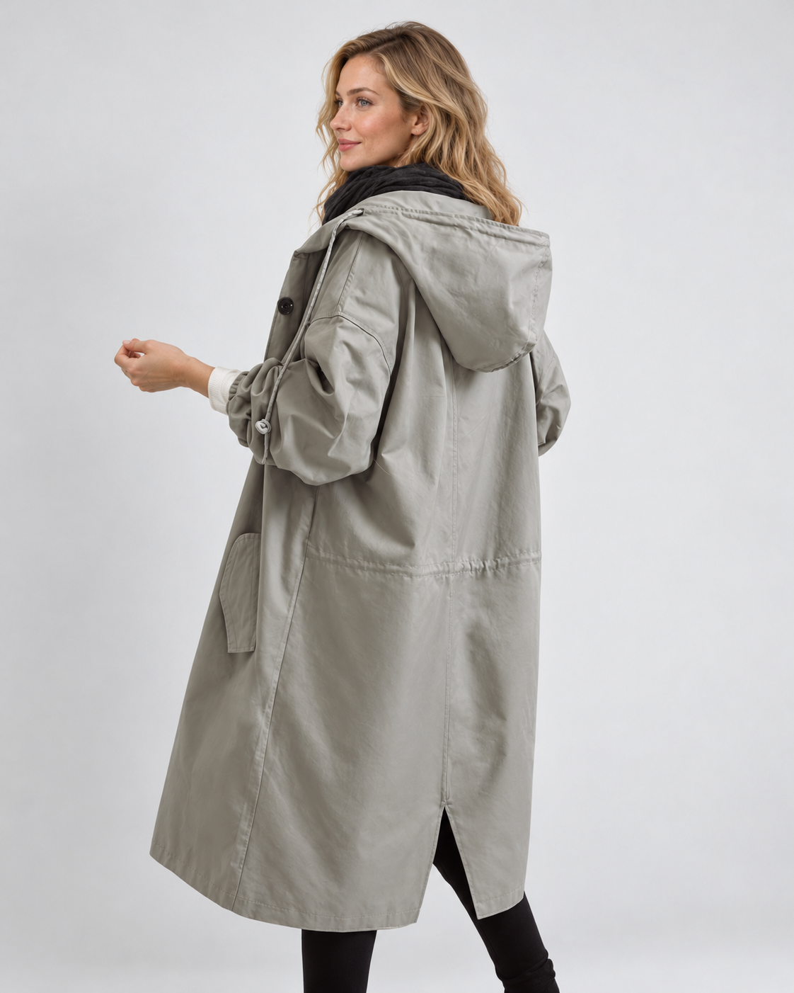 Avery & Mercer own model wearing gray rear left water-repellent hooded trench coat