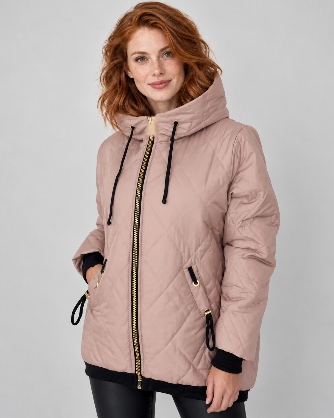 Avery & Mercer own model wearing pink quilted hooded zip-front jacket