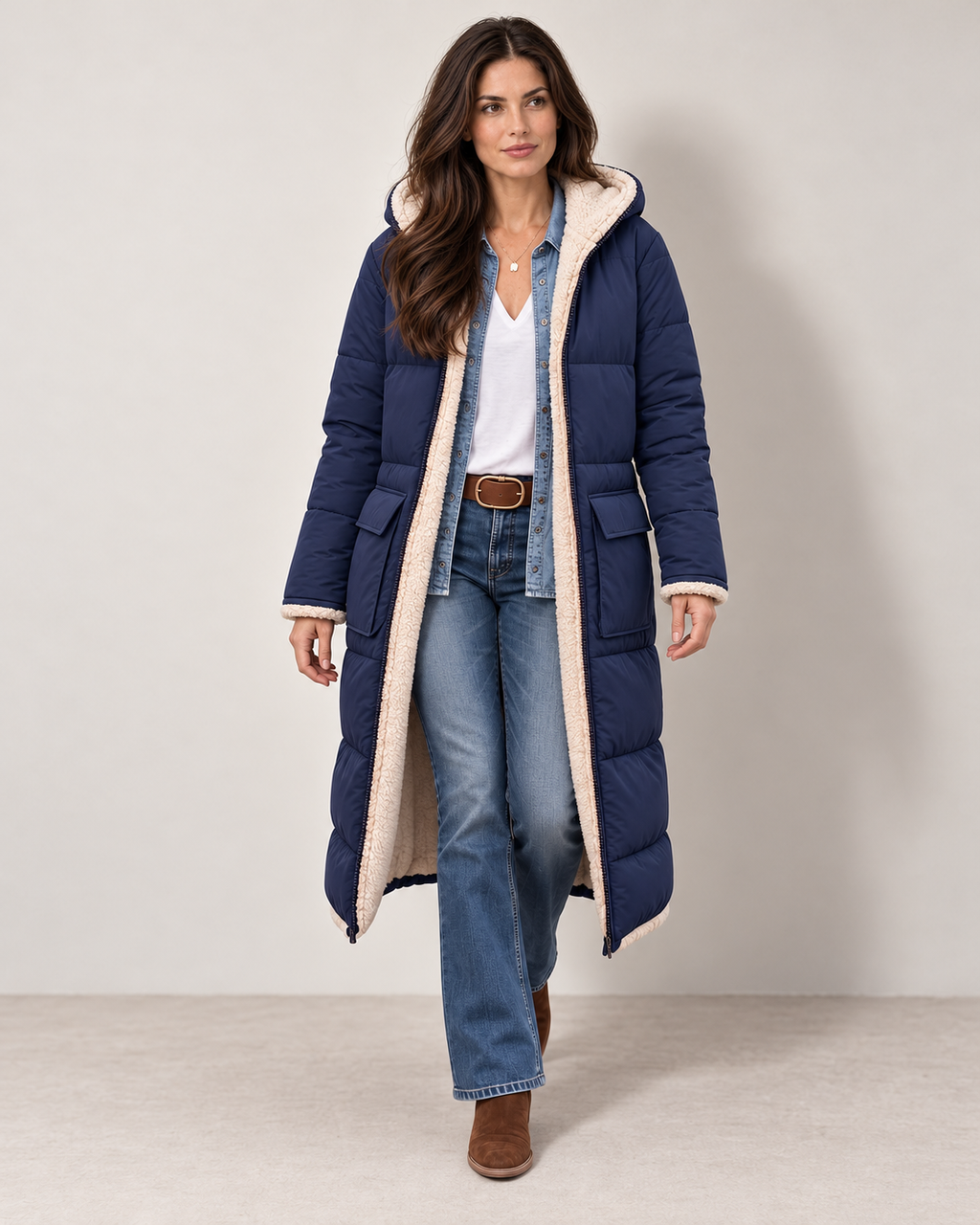 Avery & Mercer padded winter coat, blue open