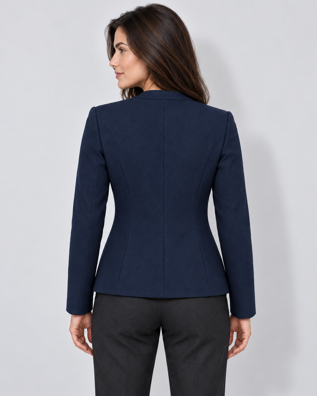Women's open-front notched neckline blazer, navy rear view on Avery & Mercer model