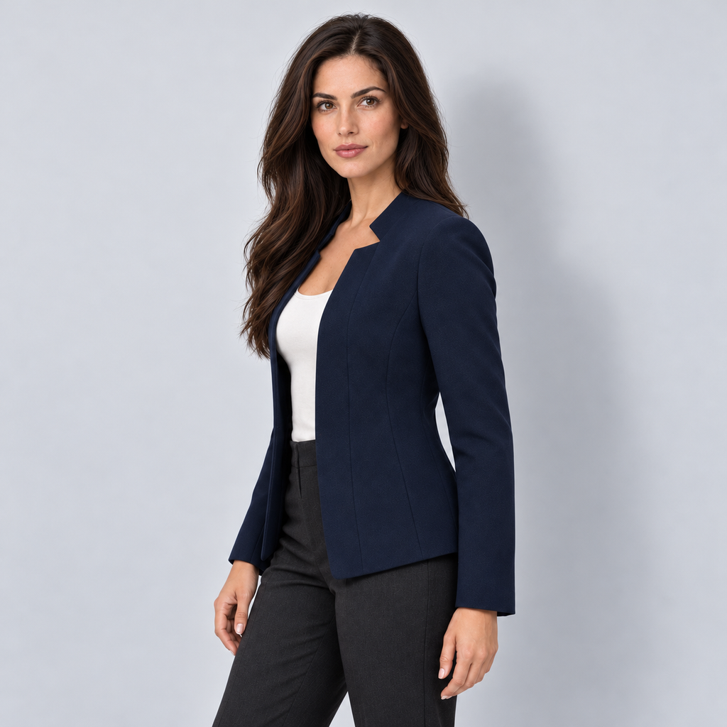 Women's open-front notched neckline blazer, navy side view on Avery & Mercer model