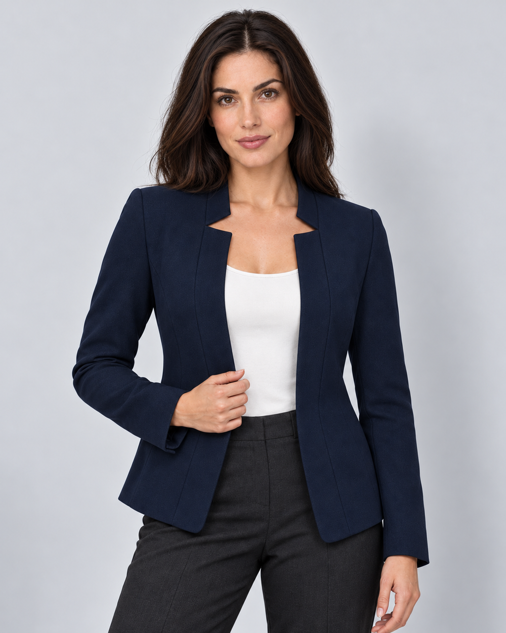 Women's open-front notched neckline blazer, navy view on Avery & Mercer model