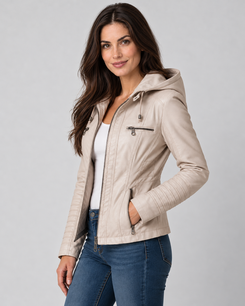 Avery & Mercer own model wearing beige angle leather-look hooded zip-up jacket