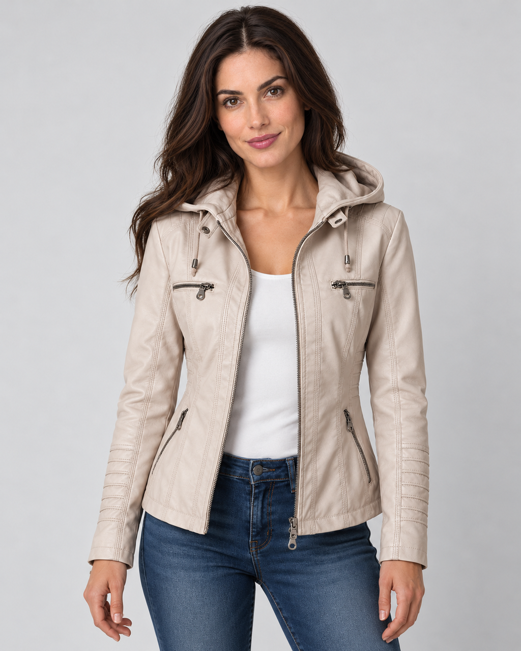 Avery & Mercer own model wearing beige front leather-look hooded zip-up jacket