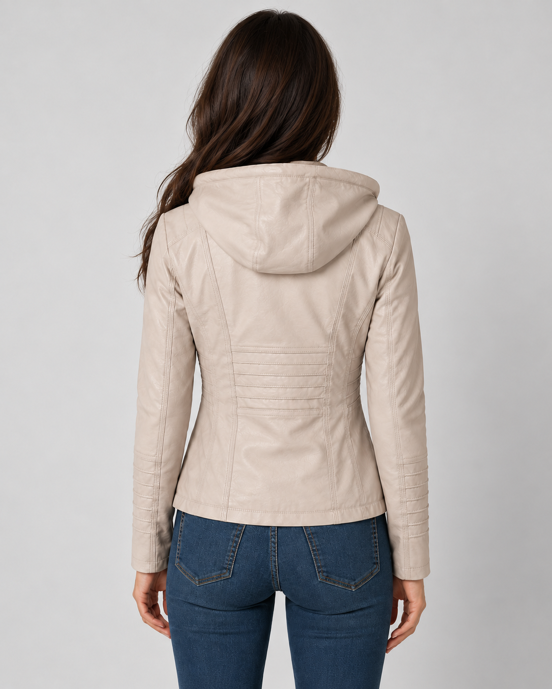 Avery & Mercer own model wearing beige rear leather-look hooded zip-up jacket