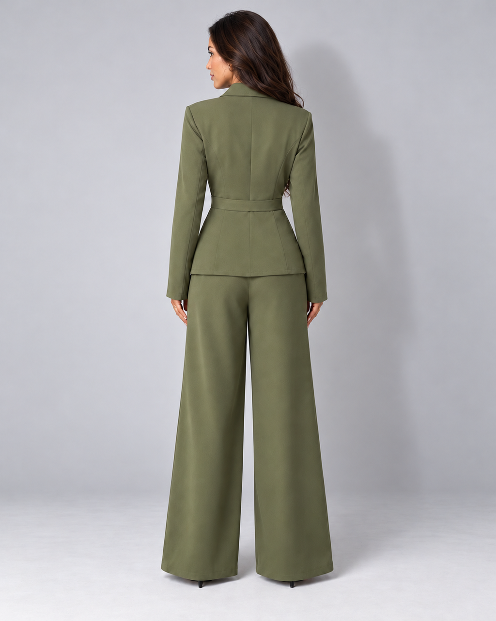 Avery & Mercer women's crossover blazer and wide-leg trouser suit, olive back view