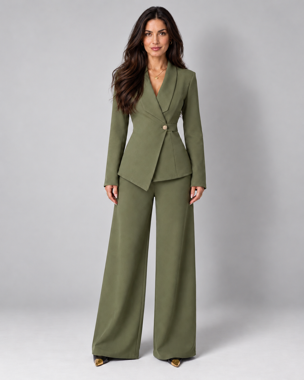 Avery & Mercer women's crossover blazer and wide-leg trouser suit, olive front view