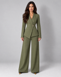 Avery & Mercer women's crossover blazer and wide-leg trouser suit, olive front view