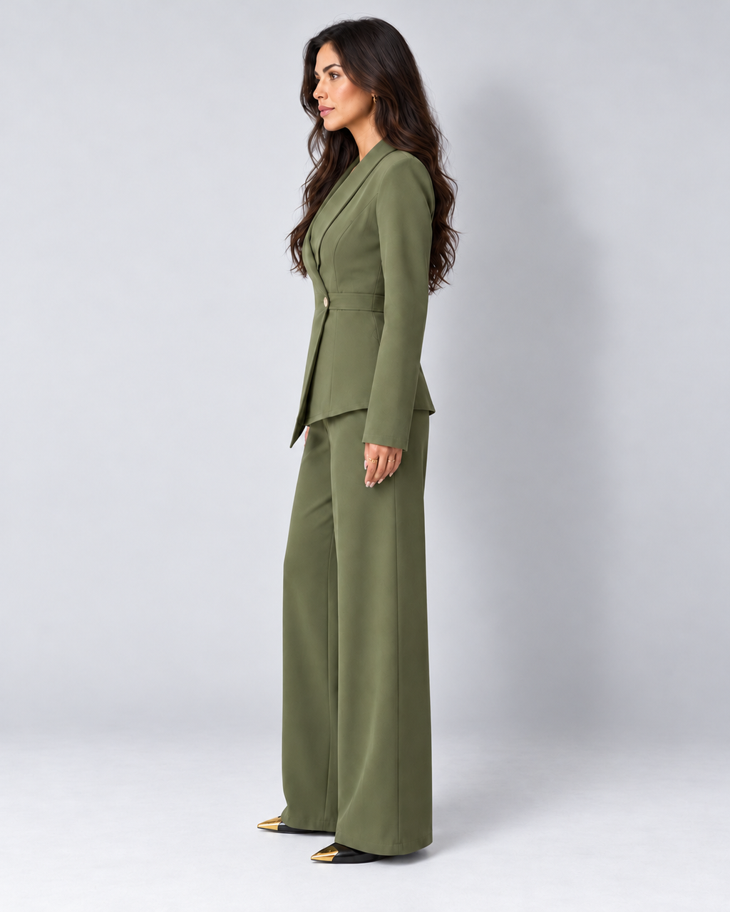 Avery & Mercer women's crossover blazer and wide-leg trouser suit, olive side view