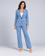 Avery & Mercer women's tailored blazer and trouser suit, blue front view on W02 model