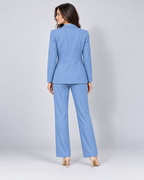 Avery & Mercer women's tailored blazer and trouser suit, blue rear view on W02 model