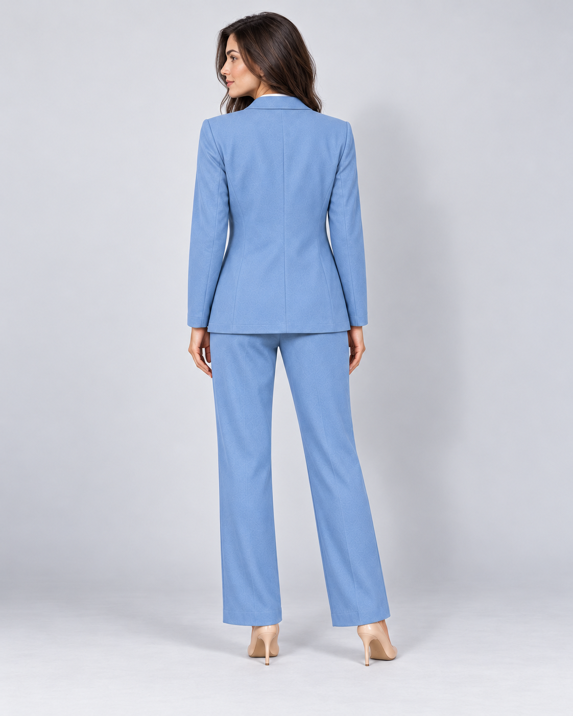 Avery & Mercer women's tailored blazer and trouser suit, blue rear view on W02 model