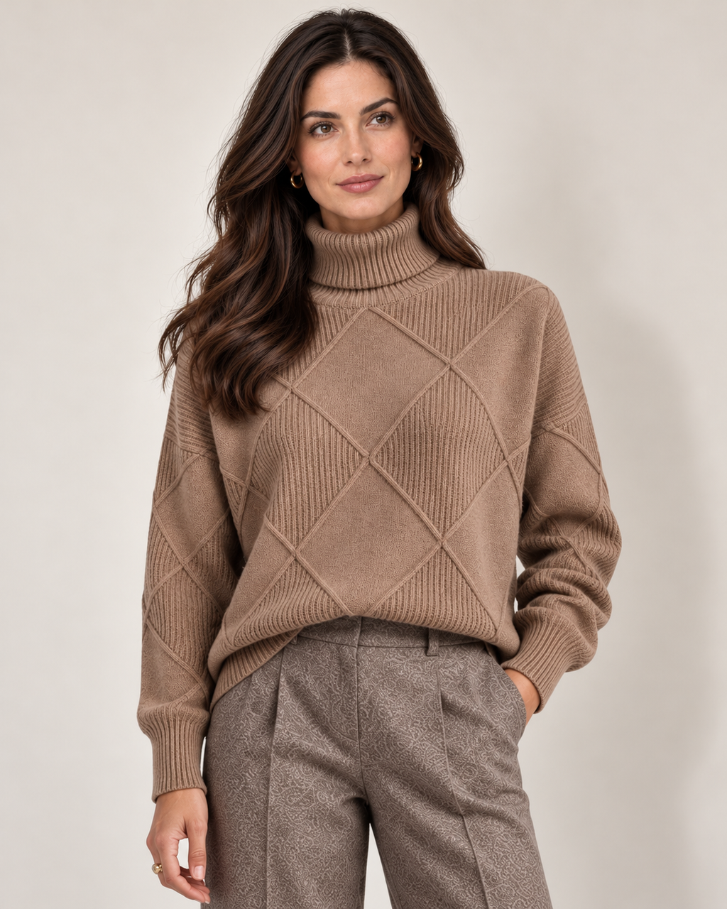 Monvaline diamond-knit turtleneck jumper, Brown, front view on approved model