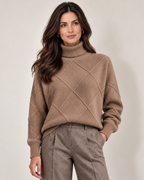 Monvaline diamond-knit turtleneck jumper, Brown, front view on approved model