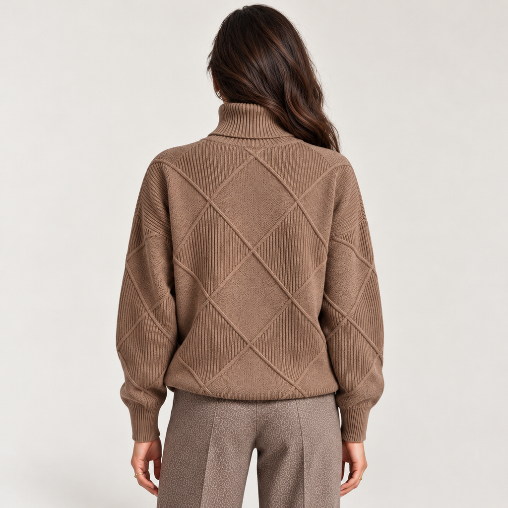 Monvaline diamond-knit turtleneck jumper, Brown, rear view on approved model
