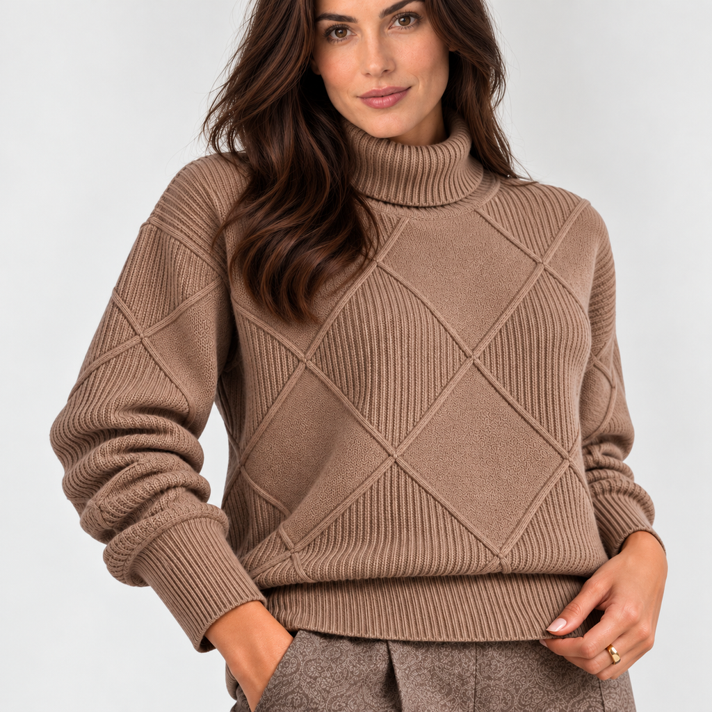 Monvaline diamond-knit turtleneck jumper, Brown, lower detail view on approved model