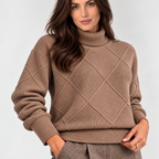 Monvaline diamond-knit turtleneck jumper, Brown, lower detail view on approved model