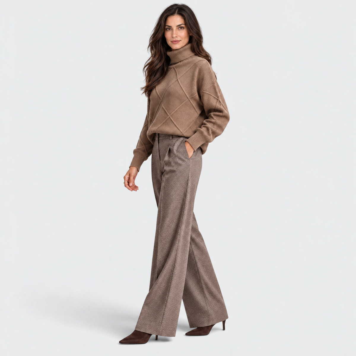 Monvaline diamond-knit turtleneck jumper, Brown, styled view on approved model