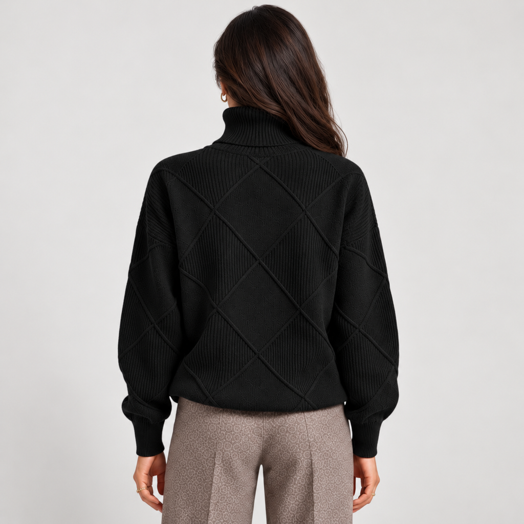 Monvaline diamond-knit turtleneck jumper, Black, rear view on approved model