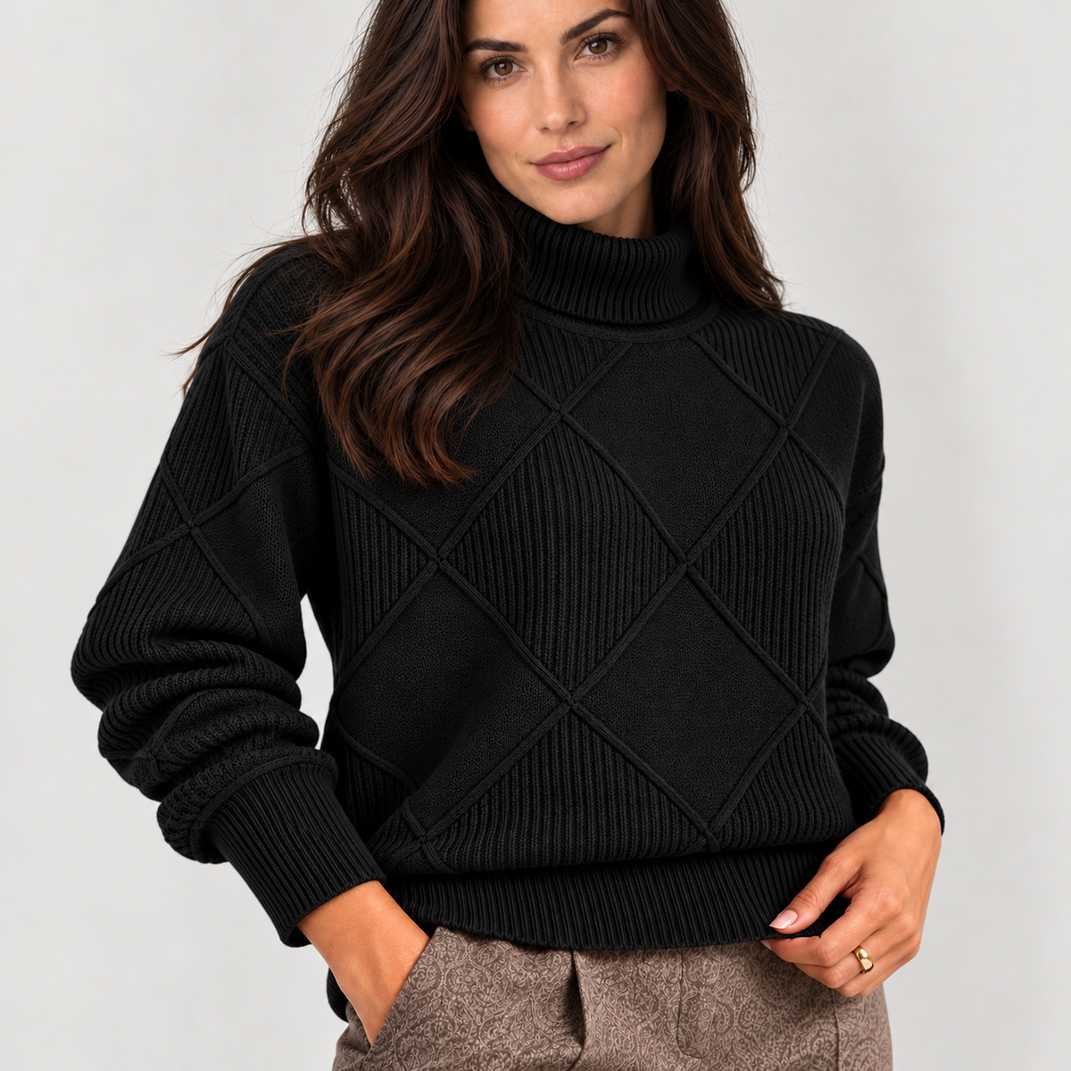 Monvaline diamond-knit turtleneck jumper, Black, lower detail view on approved model