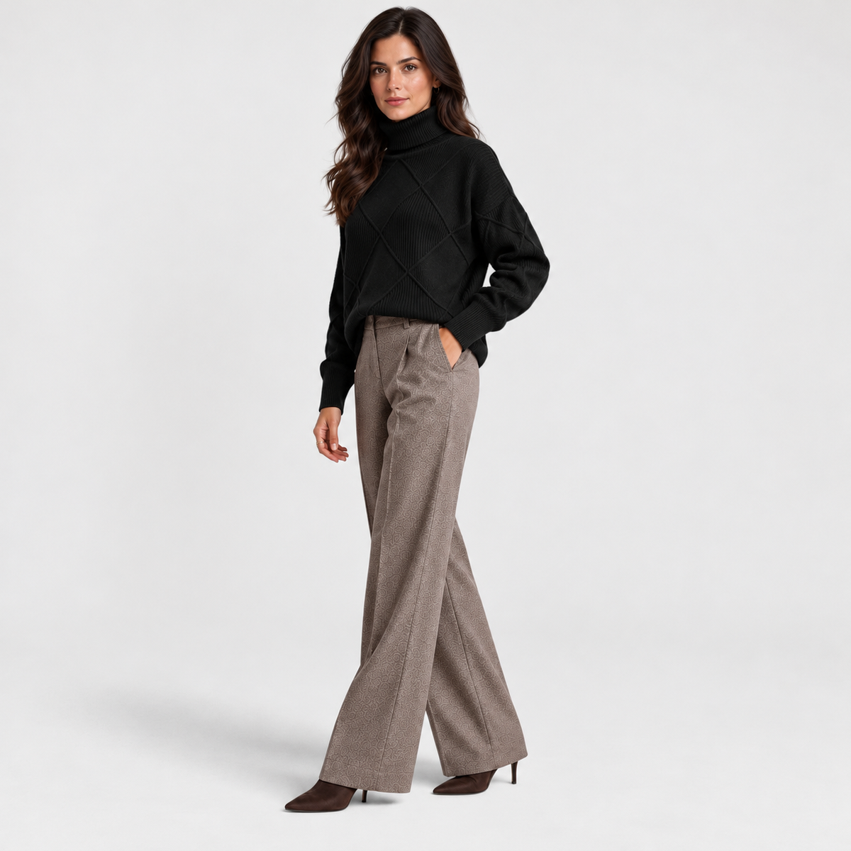 Monvaline diamond-knit turtleneck jumper, Black, styled view on approved model