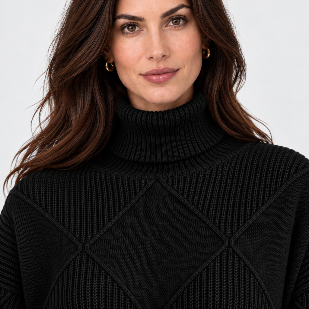 Monvaline diamond-knit turtleneck jumper, Black, neckline view on approved model