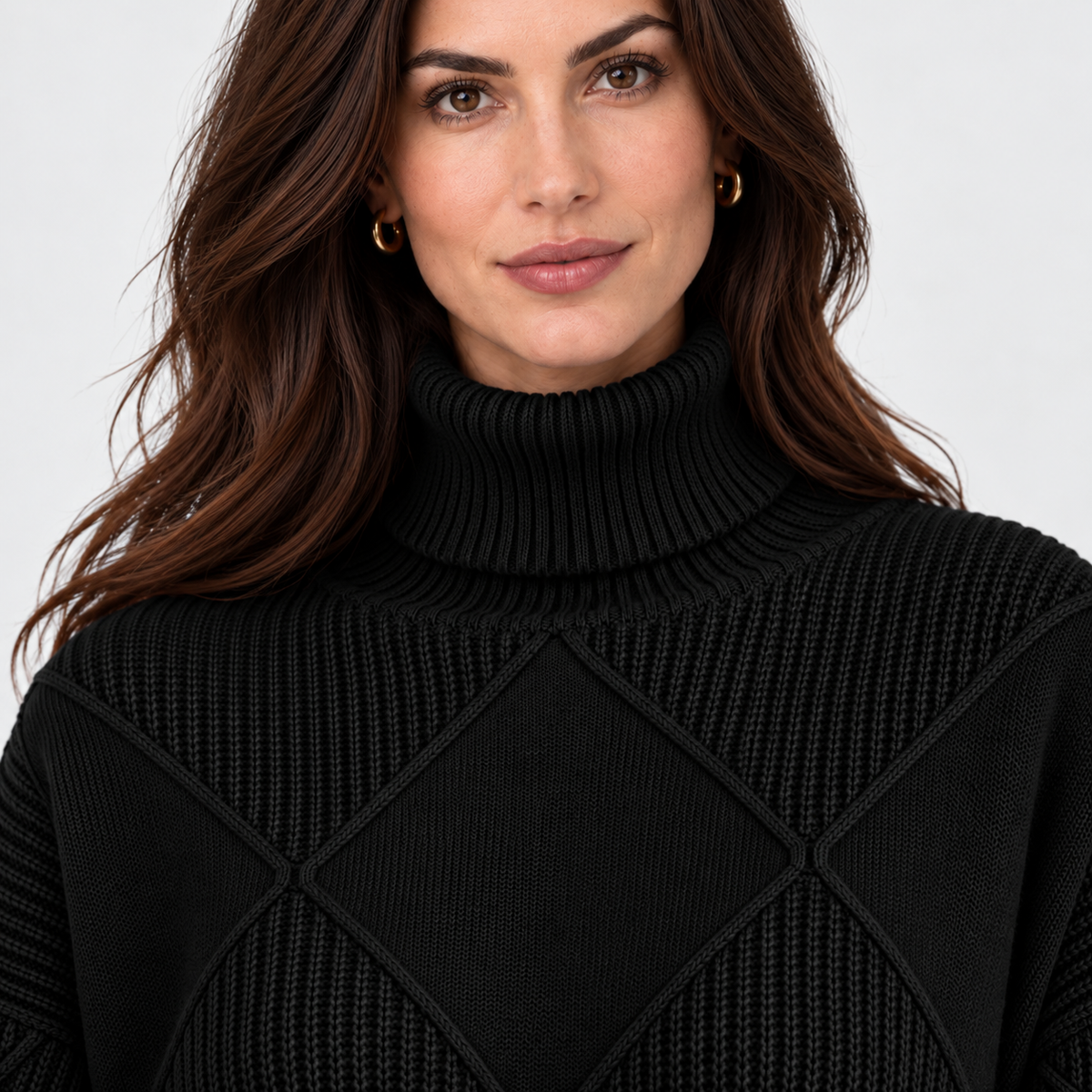 Monvaline diamond-knit turtleneck jumper, Black, neckline view on approved model
