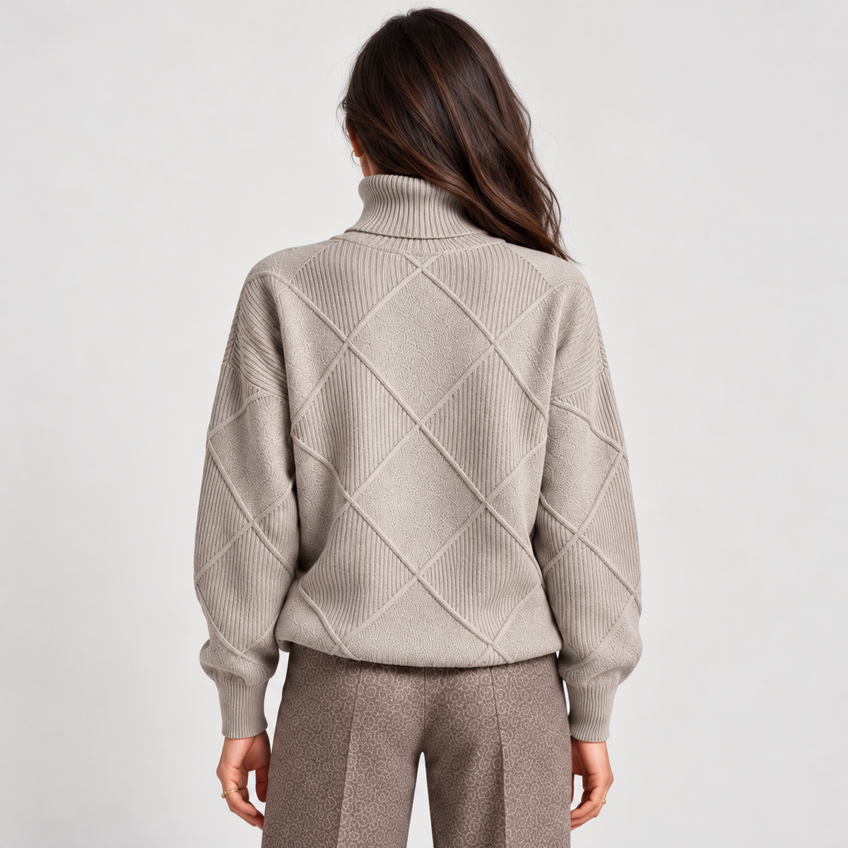 Monvaline diamond-knit turtleneck jumper, Grey, rear view on approved model