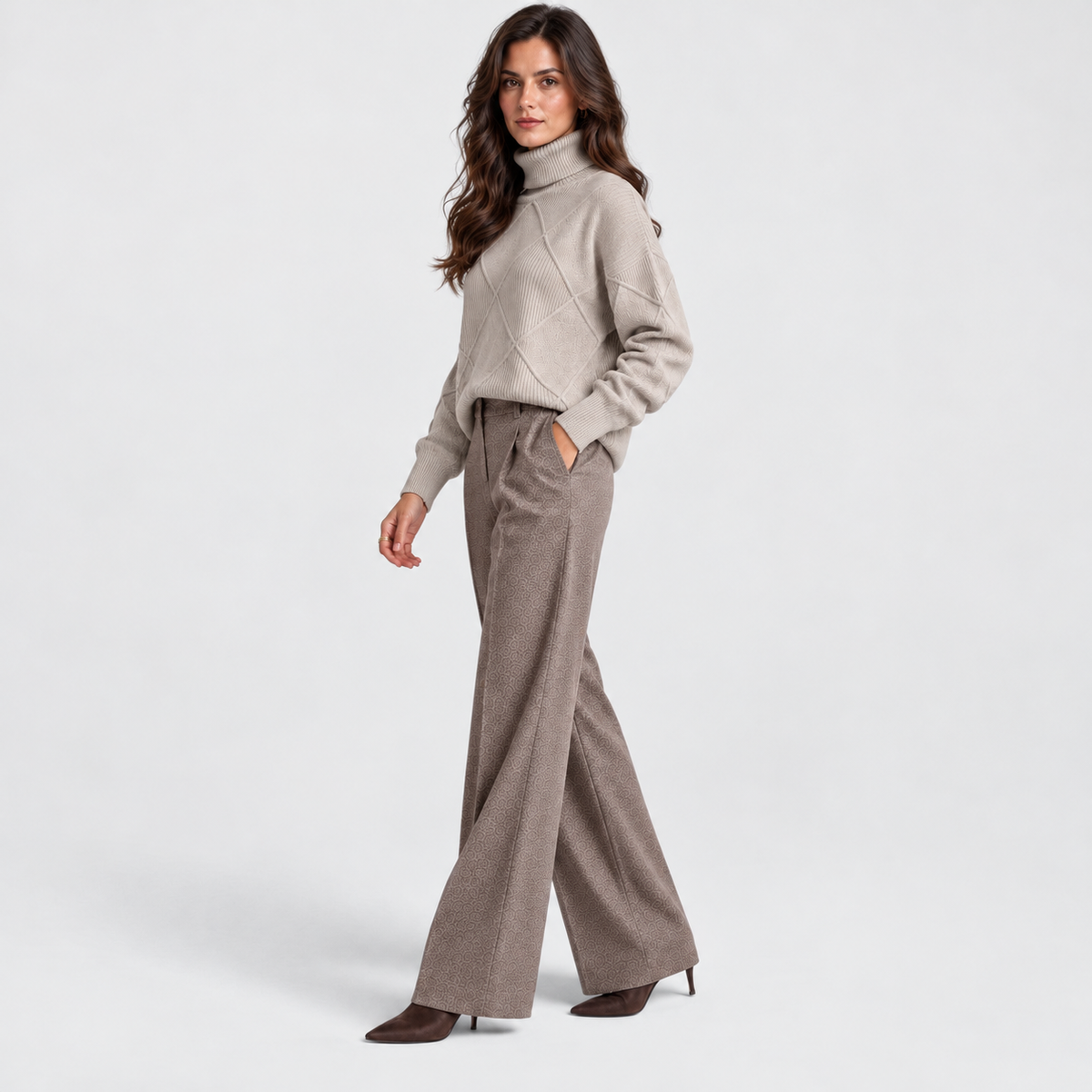 Monvaline diamond-knit turtleneck jumper, Grey, styled view on approved model