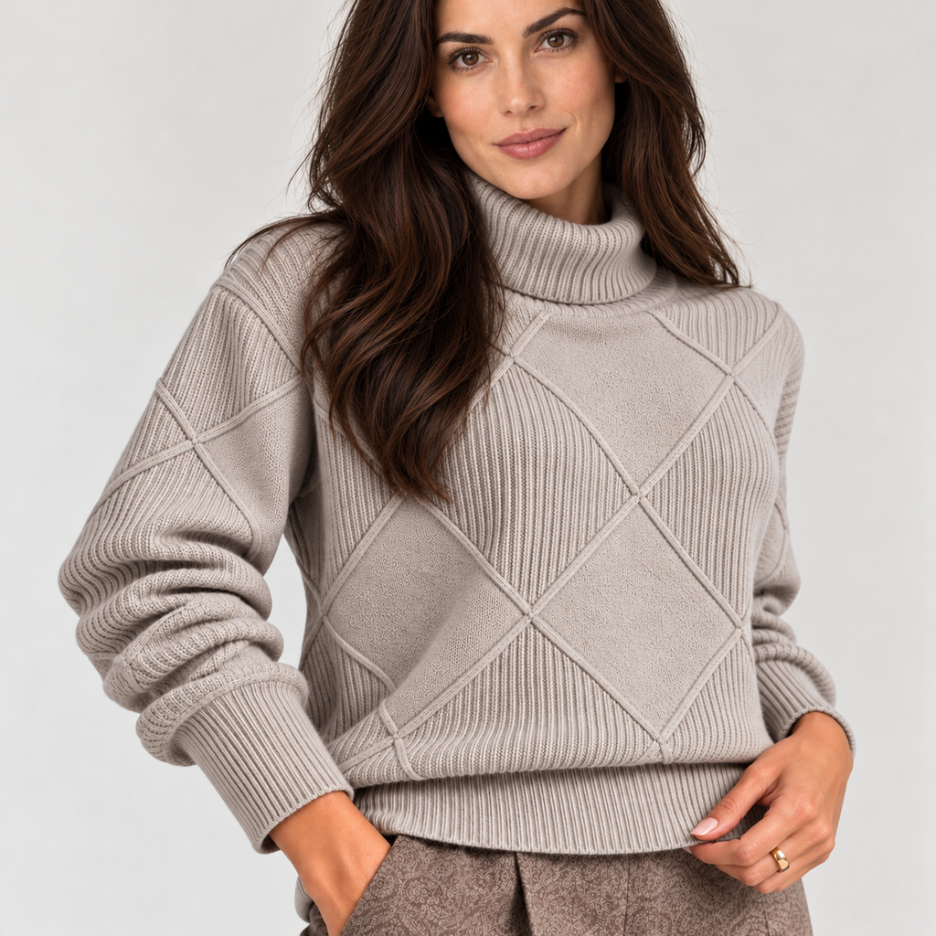 Monvaline diamond-knit turtleneck jumper, Grey, lower detail view on approved model