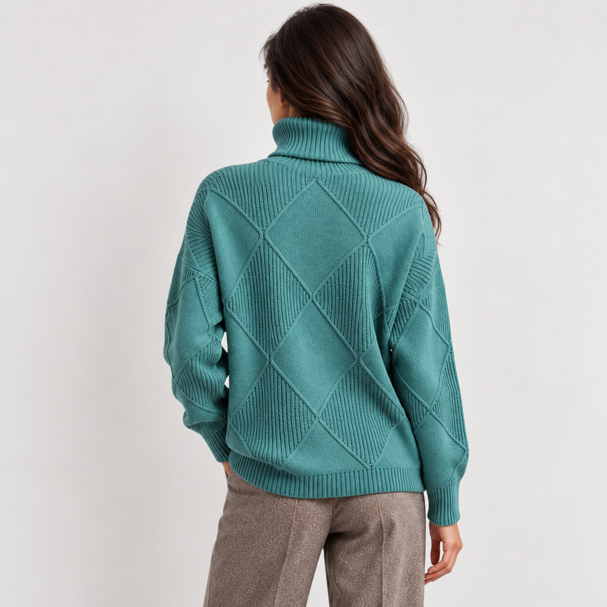 Monvaline diamond-knit turtleneck jumper, Turquoise, rear view on approved model