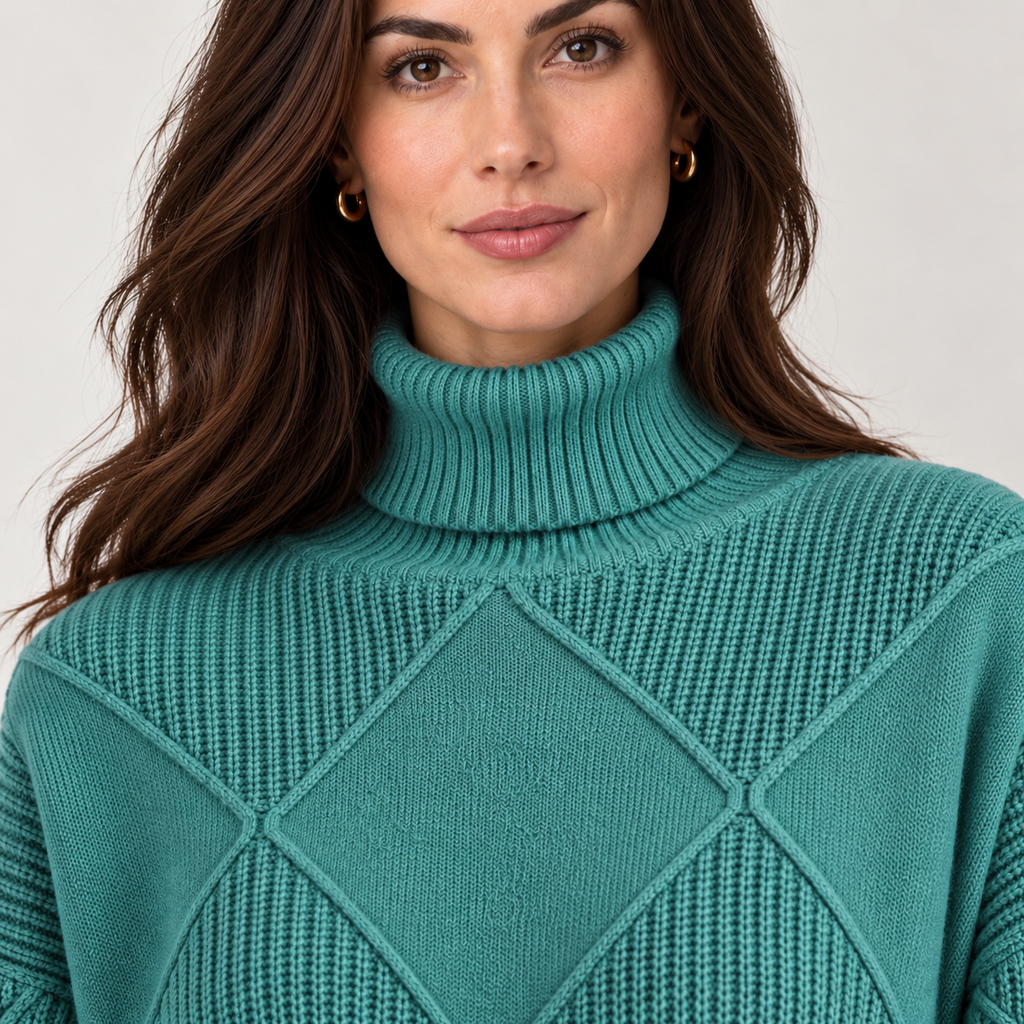 Monvaline diamond-knit turtleneck jumper, Turquoise, neckline view on approved model