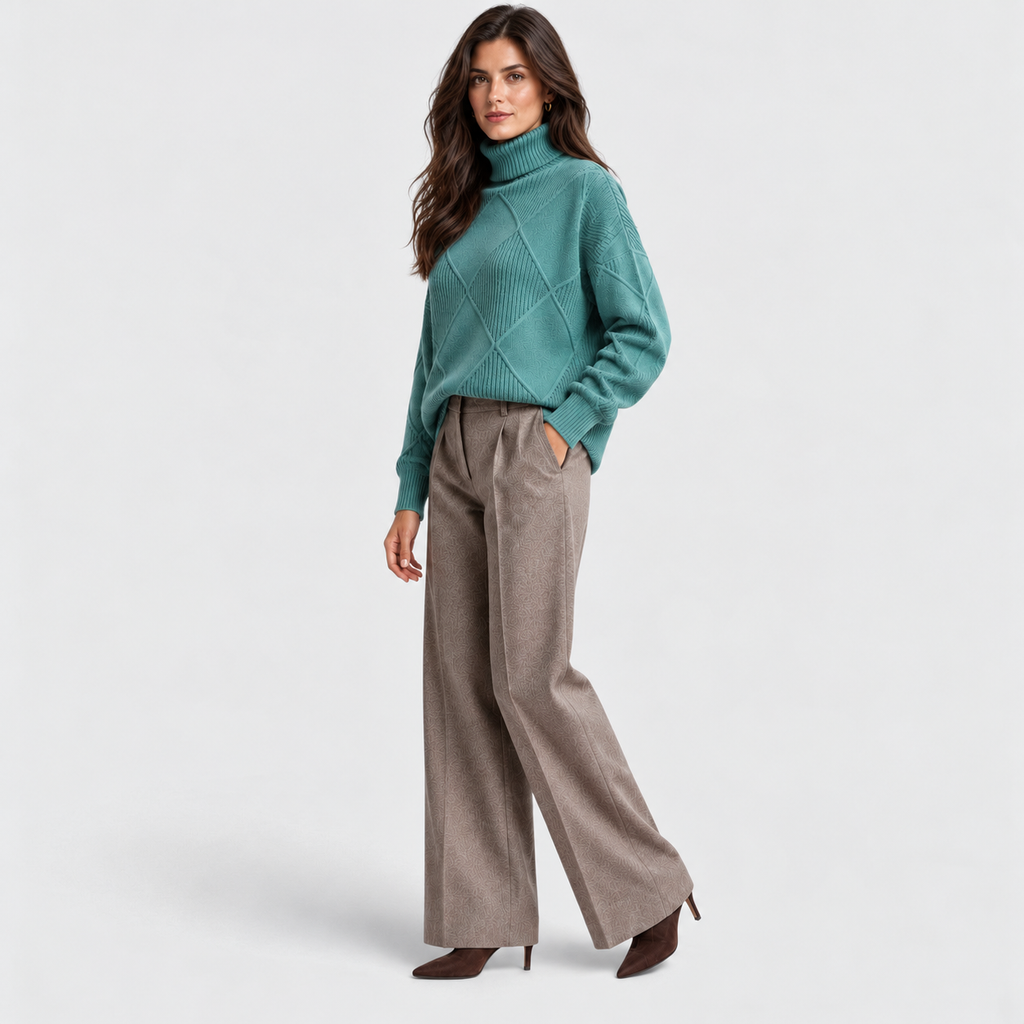Monvaline diamond-knit turtleneck jumper, Turquoise, styled view on approved model