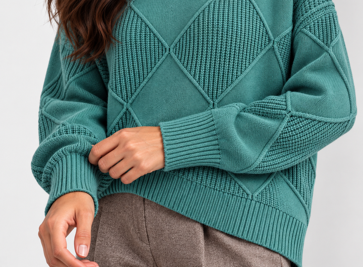 Monvaline diamond-knit turtleneck jumper, Turquoise, lower detail view on approved model