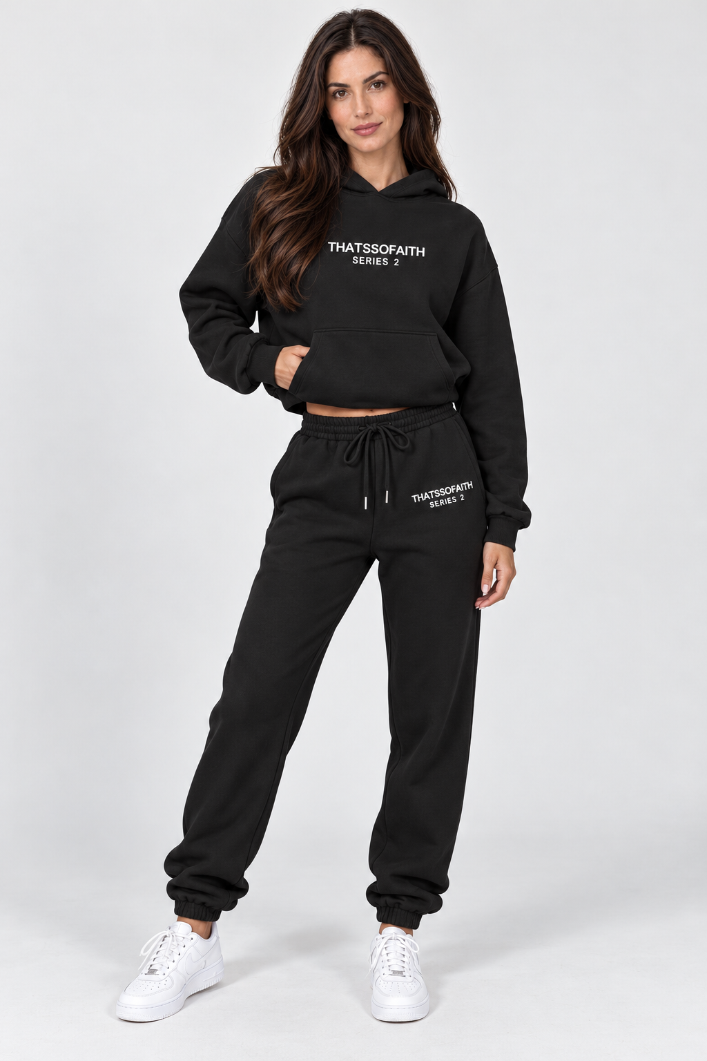 Women's relaxed hooded jogging set with matching trousers, Black, front