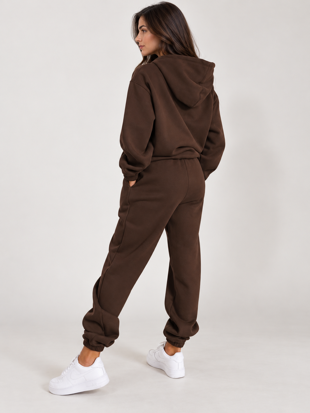 Women's relaxed hooded jogging set with matching trousers, brown, rear