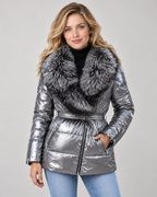 Avery & Mercer women's belted puffer jacket with faux-fur collar, Silver Grey, front