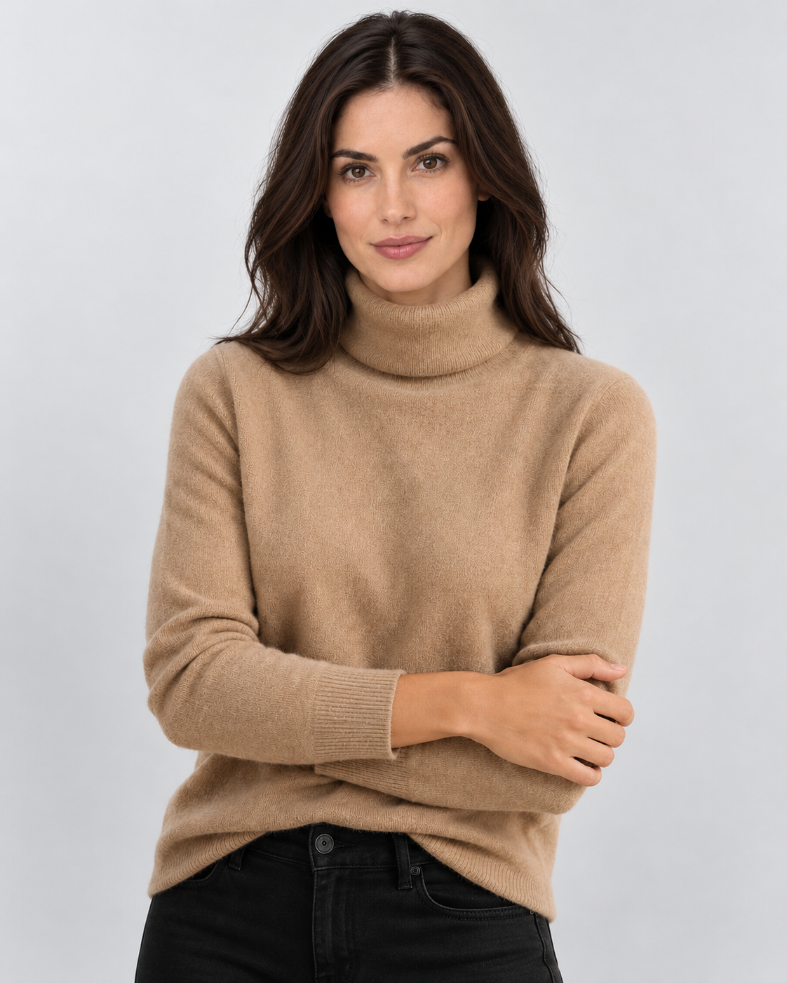 Avery & Mercer AM-US-W02 wearing Beige - front soft-knit turtleneck sweater in approved neutral grey studio
