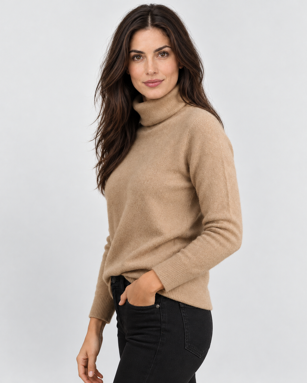 Avery & Mercer AM-US-W02 wearing Beige - side / three-quarter soft-knit turtleneck sweater in approved neutral grey studio