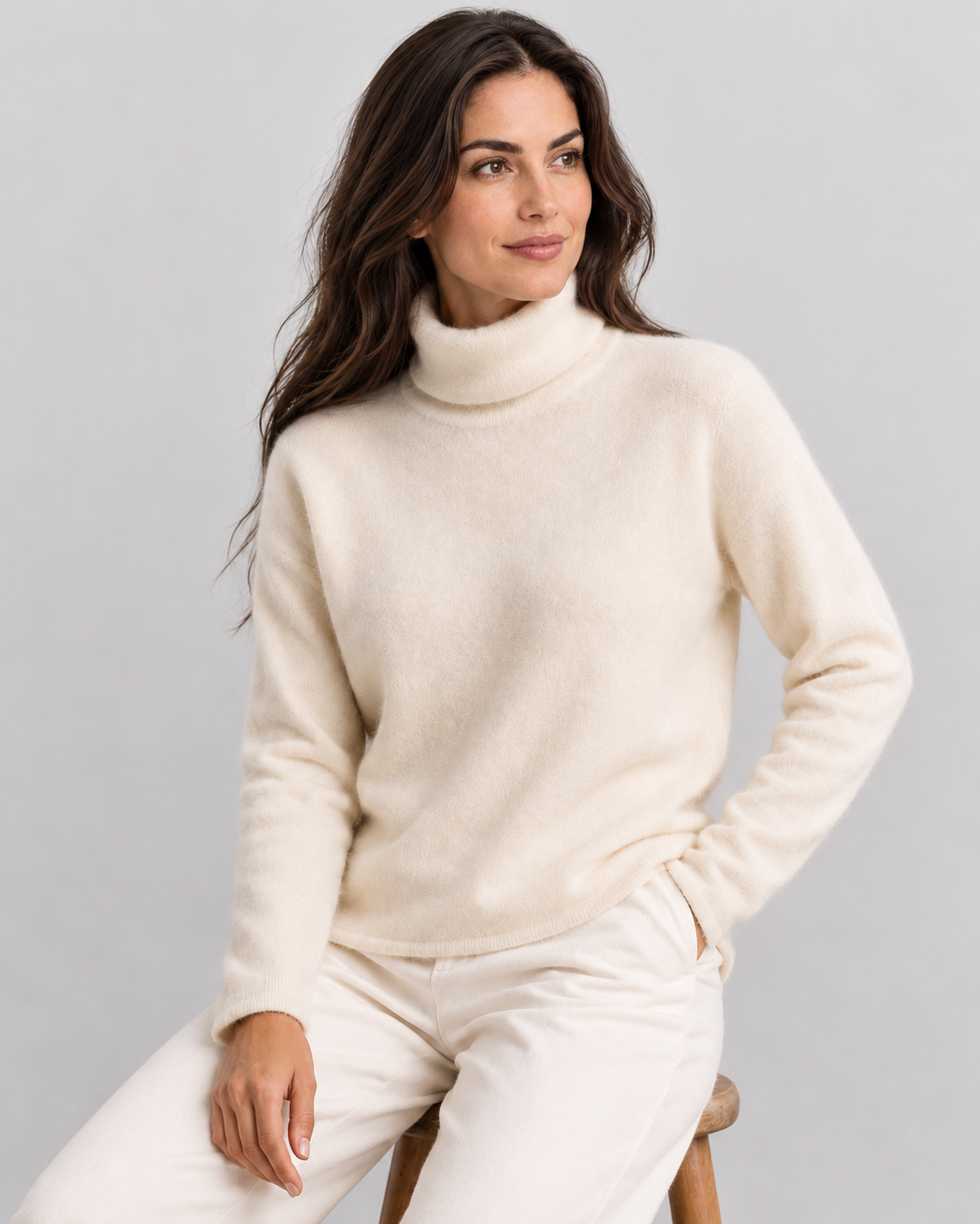 Avery & Mercer AM-US-W02 wearing White - seated / three-quarter soft-knit turtleneck sweater in approved neutral grey studio