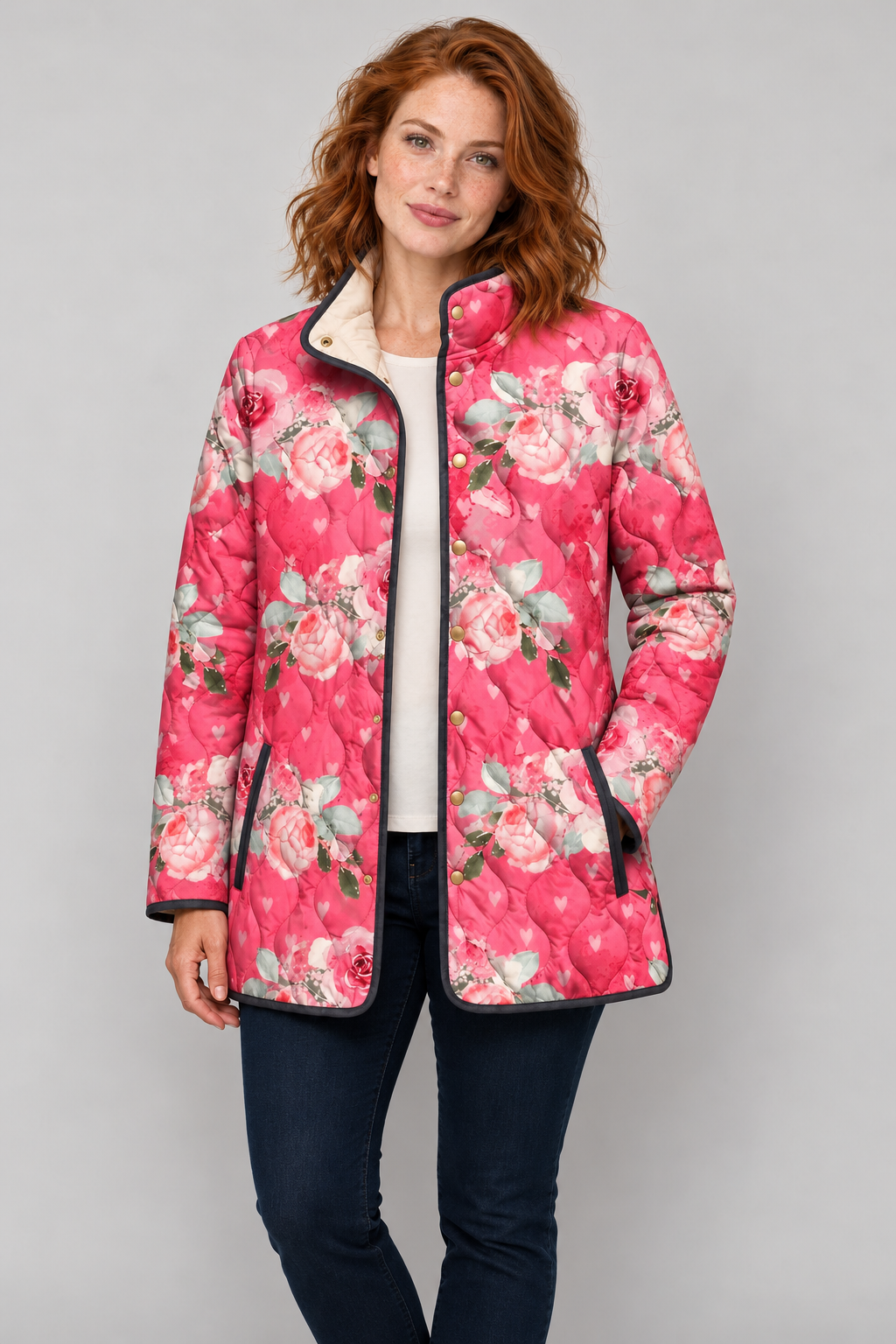 Avery & Mercer own model wearing Pink Floral printed quilted jacket, front view