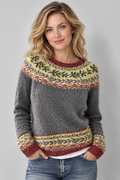 Avery & Mercer own model W01 wearing Gray/Floral patterned knit sweater, front view